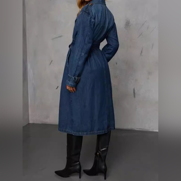 Denim Trench Coat Double Breasted Button-Up Collared Longline Belt Jean Jacket - Picture 3 of 12